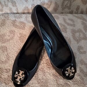 Tory Burch Leather Open-Toe Slip On Low Wedge Shoes